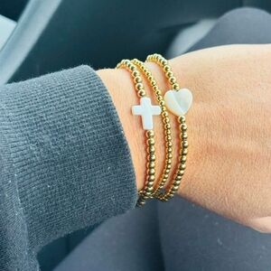 Gold Beaded Bracelet with Heart and Cross Charms